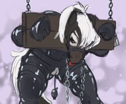 2025 anthro biped bondage bondage bound chains chastity_belt chastity_device clothing dddiago equid equine female hi_res horse latex latex_clothing mammal petplay ponyplay restraints roleplay solo stocks submissive submissive_anthro submissive_female