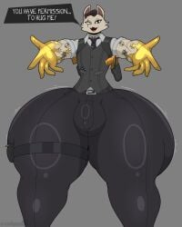 2024 5_fingers absurd_res anthro arm_tattoo ass big_butt black_bottomwear black_clothing black_hair black_necktie black_pants black_topwear black_vest blind_eye bottomwear brown_eyes bulge cheek_tuft clothing dialogue domestic_cat english_description english_text exclamation_point extended_arm eye_scar facial_scar facial_tuft fangs felid feline felis fingers front_view grey_background gun hair handgun hi_res hyper male mammal meowdas necktie open_mouth pants pistol ranged_weapon scar shirt simple_background small_waist solo speech_bubble standing stemingbunbun talking_to_viewer tattoo teeth text thick_thighs topwear tuft vest weapon white_clothing white_shirt white_topwear wide_hips
