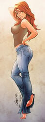 1girls barefoot breasts dangergirlfan edit feet female female_only green_eyes j_scott_campbell jeans jeremiah_skipper large_breasts lips long_hair marvel marvel_comics mary_jane_watson nipples orange_hair pants sideboob soles solo spider-man_(series) teeth toes