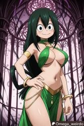 ai_generated asui_tsuyu belly belly_button big_breasts big_eyes black_eyes blush boku_no_hero_academia cathedral dancer dancer_outfit female green_hair harem_outfit indoors long_hair looking_at_viewer my_hero_academia navel omega_weirdo one_hand_on_hip patreon sexy sexy_pose smile smiling smiling_at_viewer solo solo_female solo_focus tsuyu_asui