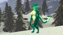 ass breasts breasts_out breath cock dragon futa_only futanari green_eyes green_hair green_skin horns knot knotted_penis large_breasts large_penis mountain penis pubes pyrovalkie scales scalie snow solo_female solo_futa thighs trees vrchat vrchat_avatar