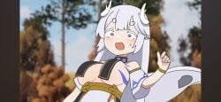big_breasts breasts daebom dragon dragon_horns dragon_tail eyebrows eyebrows_visible_through_hair female green_hair horn horns obj_211 purple_eyes stripes suprised_look sweatdrop tail war_thunder