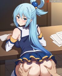 1boy ai_generated aqua_(konosuba) ass ass_grab bangs bare_shoulders blue_eyes blue_hair blue_shirt blue_skirt blush breasts clothed_sex detached_sleeves female hair_ornament hair_rings kono_subarashii_sekai_ni_shukufuku_wo! large_breasts long_hair looking_at_viewer looking_back male megasonek no_panties patreon_username sex sex_from_behind shirt skirt sleeveless_shirt smile solo_focus straight sweat thighhighs watermark