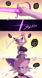 big_breasts blue_eyes cat_ears cat_tail comic determined dialogue dialogue_bubble ear_piercing eeveelution english english_text espeon forehead_jewel gammainks generation_2_pokemon hi_res jeans nintendo pokemon pokemon_(species) purple_fur sports_bra sword tail_piercing text thought_bubble vanessa_(gammainks)