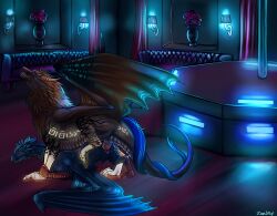 absurd_res ass_up blue_body blue_feathers blue_wings bodily_fluids brothel brown_eyes claws clitoris cum cum_inside curled_tail doggy_style dragon duo european_mythology feathers female feral flight_rising flower from_behind_position furniture genital_fluids genitals glowing glowing_markings glowing_paws glowing_runes gradient_wings grey_body grey_scales grey_underbelly hair hi_res inside interior_background male male/female mane markings muscular muscular_feral muscular_male mythological_creature mythological_scalie mythology obelisk_dragon orgasm paws penis plant plant_pot pole pussy raised_head red_claws red_paws runes scales scalie sex sofa stripper_pole tail teeth western_dragon white_claws white_paws wings zenlilly