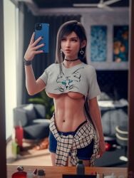 1girls 2025 3d bedroom big_breasts black_hair black_nail_polish braless choker crop_top denim_shorts detailed_background earrings female female_abs female_only female_torso final_fantasy final_fantasy_vii front_view greengiant3d indoors lipstick long_hair looking_at_phone mirror mirror_selfie nail_polish no_bra overhang painted_nails plump_lips red-eyes selfie shirt_overhang shirt_tied_around_waist shorts solo standing thong thong_straps tifa_lockhart underboob very_long_hair