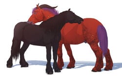 2014 animal_genitalia black_fur black_mane black_tail cel_shading chistokrovka closed_eyes draft_horse duo ear_piercing equine feral fetlocks friesian fully_sheathed fur grooming hooves horn horn_ring horse loki_(balorkin) male mammal mane multi_eye piercing purple_mane purple_tail quadruped red_fur red_teeth shadow sheath simple_background teeth tybalt_the_friesian white_background yellow_eyes