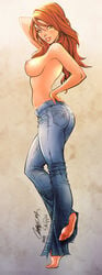 1girls ass bare_shoulders barefoot breasts dangergirlfan edit feet female female_only freckles green_eyes half-dressed hourglass_figure j_scott_campbell jeans jeremiah_skipper large_breasts lips long_hair marvel marvel_comics mary_jane_watson nipples orange_hair pants posing sideboob soles solo spider-man_(series) teeth toes topless