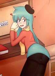 1girls aged_up ass ass_focus ass_up blue_hair book breasts cleavage clothed clothing complex_vortex female hat heart hilda_(hilda) hilda_(series) looking_back netflix open_mouth signature smile thighs