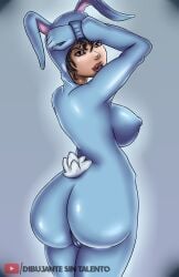 1girls 2d ass back big_ass big_breasts black_hair breasts brown_eyes bunny bunny_brawler bunny_ears bunny_girl bunny_tail bunnysuit clothed clothing dibujante_sin_talento dibujantesintalento epic_games female female_only fortnite fortnite:_battle_royale hi_res light-skinned_female light_skin looking_at_viewer looking_back looking_back_at_viewer nipples nipples_visible_through_clothing plain_background simple_background skin_tight solo solo_female tagme watermark yashzoomdst