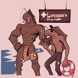 2025 4_fingers absurd_res anthro balls_outline biped black_bottomwear black_clothing black_pants bottomwear brother_(lore) brothers_(lore) brown_body brown_nipples brown_skin bulge closed_eyes clothed clothing detailed_bulge digital_media_(artwork) digital_painting_(artwork) dracks duo eel english_text erection fin fingers fish floating_eyebrows front_view genital_outline genitals grin hand_on_hip hand_on_shoulder hi_res holding_object humanoid_genitalia humanoid_penis illicium legcuffs lexie_(dracks) life_preserver lifeguard lifeguard_swimsuit long_penis male male/male marine muscular muscular_anthro muscular_male navel nipples painting_(artwork) pants pants_only penis penis_outline pink_background razor_(dracks) sharp_teeth sibling_(lore) sign simple_background smile standing teeth text thin_penis thong thong_only tongue tongue_out topless underwear underwear_only