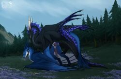 anal anal_sex animal_genitalia annoyed anus ass_up black_body black_scales blue_body blue_eyes blue_horn blue_scales dragon duo endermoonfur erection european_mythology feral forest forest_background genital_slit genitals grass hi_res horn knot korvyn male male/male mythological_creature mythological_scalie mythology nature nature_background penetration penis pink_anus pink_knot pink_penis plant scales scalie tree western_dragon white_body white_horn white_scales wyvern xylios