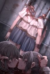 2girls blood blood_on_clothes blue_skirt bound bound_wrists braid breast_press commentary_request corpse crying crying_with_eyes_open cuffs dead death female female_death forced_kiss gore grey_eyes grey_hair guro highres huyunokure miniskirt multiple_girls original partial_commentary restrained rope school_uniform severed_head shirt short_sleeves skirt symmetrical_docking tears white_shirt