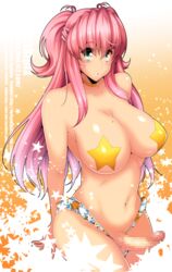 anzu_kuniyoshi balls breasts censored choker futa_only futanari green_eyes hiromin intersex large_breasts long_hair looking_at_viewer mole mole_on_breast original pasties pink_hair