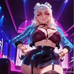 ai_generated between_breasts black_bra black_choker black_garter_straps black_skirt black_thighhighs blue_eyeshadow blue_jacket bra bracelet breasts choker claws cone_hair_bun cropped_jacket demon demon_girl double_bun drop_earrings earrings evelynn evelynn_(league_of_legends) eyeshadow female garter_straps glowing_eyes hair_bun hands_on_own_hips jacket jewelry k/da_(league_of_legends) k/da_all_out_series k/da_series large_breasts league_of_legends long_hair looking_at_viewer makeup night o-ring official_alternate_costume open_clothes open_jacket panties parted_lips purple_eyeshadow pussy_juice septerna skindentation skirt smile solo strap_between_breasts sweat thick_thighs thighhighs underwear web_address wet white_hair yellow_eyes