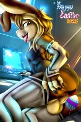 absurd_res anthro anus ass balls clothed clothing digital_media_(artwork) fur gaping gaping_anus genitals glacialpain hi_res lagomorph lean_body leporid male mammal rabbit short short_anthro short_male simple_background smile solo spreading text
