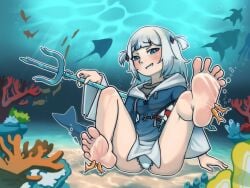 barefoot blue_eyes digital_media_(artwork) feet feet_focus fish foot_fetish gawr_gura hololive kissing_feet panties shark_girl showing_panties soles trident underwater vtuber wardeotart white_hair