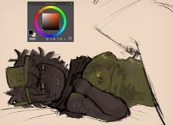 1boy 1girl 1x1x1x1 1x1x1x1_(forsaken) angry angry_expression angry_face black_arms black_hair black_scarf blanket bottom color_palette disgust disgusted exposed_breasts eye_contact eyebrows female forsaken forsaken_(roblox) genderfluid hands_on_chest implied_deepthroat implied_oral implied_sex laying_down laying_on_back looking_at_viewer man_boobs mantits messy_hair moobs pierced_nipples pisslovwr69 red_sclera ribcage roblox scarf sharp_teeth snarling submissive_female submissive_male teeth zipper zipper_mouth