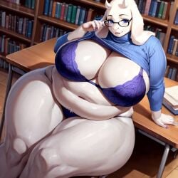 1girls ai_generated bbw bbw_milf belly big_belly bra chubby chubby_female chubby_milf curvaceous curvy curvy_body curvy_hips curvy_milf curvy_thighs exhibitionism female glasses librarian library looking_at_viewer mature_female milf panties plump presenting seductive seductive_look sweater teasing teasing_viewer thick_thighs toriel turtleneck undressing venus_body voluptuous voluptuous_body voluptuous_milf wide_hips