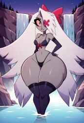 1girls 2d ai_generated ass ass_visible_through_thighs big_ass big_breasts bikini bra female female_only grey_skin hazbin_hotel huge_ass huge_breasts hyper_ass large_ass large_thighs legwear long_hair nature_background night pink_eyes purple_sky ribbon round_ass solo solo_female thong vaggie_(hazbin_hotel) vivziepop waterfall white_hair