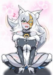 1girl ass_visible_through_thighs blush chains crescent_moon_mask dog_ears dog_tail duel_monster female fully_clothed furry green_eyes hair_over_one_eye large_breasts leotard lunalight_silver_hound mask nipple_bulge silver_fur silver_hair smile spiked_bracelet spiked_collar tagme_(artist) toothy_grin yu-gi-oh!
