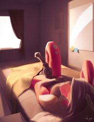 2024 5_fingers animal_genitalia animal_penis anthro arm_on_head arm_on_stomach balls bed bed_sheet bedding bedroom big_knot big_penis black_knot black_penis blanket canine_genitalia canine_penis curtains dragon equine_genitalia equine_penis erection fingers flared_penis furniture genitals hair hattie_ragales hattie_ragales_(character) hi_res hybrid_genitalia hybrid_penis knot knotted_equine_penis knotted_penis lying male medial_ring muscular muscular_anthro muscular_male mythological_creature mythological_scalie mythology nude on_back penis post-it_note purple_hair red_body scalie sheath solo window