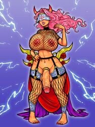 1futa big_breasts big_penis blindfold breasts cock_ring fishnets futanari horns huge_breasts intersex mr.prince666 nipples penis pink_hair solo veiny_penis