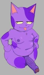 2025 animal_crossing anthro balls belly bob_(animal_crossing) chubbachunks domestic_cat erection featureless_hands felid feline felis foreskin fur genitals grey_background half-closed_eyes hands_on_hips hi_res humanoid_genitalia humanoid_penis male mammal markings narrowed_eyes nintendo nude_anthro nude_male penis purple_body purple_fur purple_spots simple_background slightly_chubby slightly_chubby_anthro slightly_chubby_male smile solo spots spotted_body spotted_fur thick_thighs tongue tongue_out vein veiny_penis