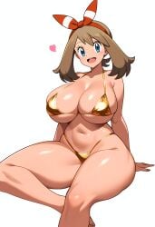 absurd_res ai_generated anime_style big_breasts bikini bikini_bottom bikini_top brown_hair cleavage female flag gamefreak gloves gold_bikini hand_on_hip high_res huge_breasts human large_breasts may_(pokemon) nintendo pokemon pokemon_(anime) smile