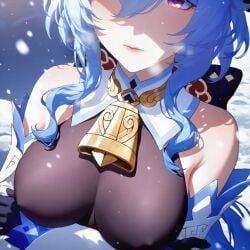 absurd_res ahoge ai_generated arm_under_breasts armpit_crease arms_under_breasts bare_shoulders bell black_gloves blue_hair blush bodystocking bow bowtie breast_focus breast_hold breasts breath close-up closed_mouth cold covered_nipples cowbell crossed_arms day detached_collar detached_sleeves female ganyu_(genshin_impact) genshin_impact gloves goat_horns gold_trim gradient_eyes hair_between_eyes half-closed_eyes head_out_of_frame horns large_breasts light_blue_hair lips long_hair long_sleeves looking_at_viewer low_ponytail medium_breasts ministro multicolored_eyes neck_bell outdoors parted_lips pink_lips purple_eyes shade shaded_face sidelocks sky snow snowing solo upper_body wavy_hair white_sleeves winter