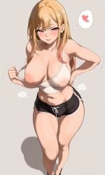 ai_generated blonde_hair booty_shorts dolphin_shorts kitagawa_marin large_breasts looking_at_viewer niamy pink_eyes seductive sexy_pose shorts smug_smile sono_bisque_doll_wa_koi_wo_suru tank_top tank_top_pull teenager thick_thighs white_background wide_hips
