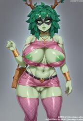 adventure_time ai_generated areolae ass_visible_through_thighs bag bangs bare_shoulders belt blush bra bracelet breasts choker cleavage cleft_of_venus clothing colored_sclera colored_skin crop_top cross curvaceous domino_mask earrings female female female_only fishnets green_eyes green_hair green_lips green_sclera green_skin highleg highleg_panties huge_breasts huntress_wizard jewelry jousneystudio large_breasts legwear lips looking_at_viewer makeup mask medium_hair microskirt midriff miniskirt monster_girl navel necklace nipple_slip nipples panties parted_lips pussy skindentation skirt solo standing thick_thighs thighhighs thighs underwear vagina wide_hips