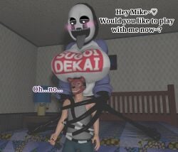 3d animatronic bed bedroom five_nights_at_freddy's foxy_bro huge_breasts human humanoid marimike michael_afton nightmarionne source_filmmaker sugoi_dekai teenager text yuuki_momofox