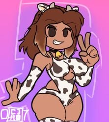 big_breasts big_thighs brown_skin cjao_07 cow_ears cow_suit cowbell lenceria long_hair long_socks peace_sign roblox roblox_avatar smiling