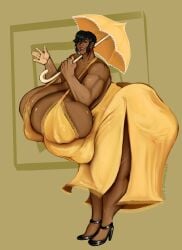 1girls anne_(owlizard) bbw black_shoes dark-skinned_female dragonmawzx dragonmawzx dress fat gigantic_breasts high_heels huge_belly lips muscular_arms muscular_female short_hair solo strongfat thick_thighs yellow_dress