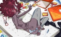1girls afro buttplug catgirl dark_skin food glasses kemonomimi lying_on_side micro_bikini nixie_(y2kqtz) on_table petite pussy_juice red_hair round_glasses solo solo_female spreading striped_bikini thighhighs vibrator_in_pussy y2kqtz