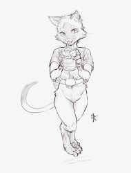 anthro beverage biped bottomless cheek_tuft claws clothed clothing digital_drawing_(artwork) digital_media_(artwork) digitigrade domestic_cat eyebrows facial_tuft feet felid feline felis female hi_res hindpaw holding_beverage holding_object looking_at_viewer mammal paws pubes shirt simple_background skeleton265 solo standing t-shirt tail tongue tongue_out topwear tuft whiskers