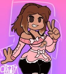 big_breasts big_thighs bows brown_skin cjao_07 hoodie jeans long_hair peace_sign roblox roblox_avatar smiling