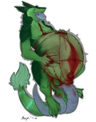 all_the_way_through anthro balls blood blood_on_fur blood_on_hand bodily_fluids claws close_to_bursting duo feral fur genitals gore green_body green_fur head_in_mouth hi_res implied_popping lofinebulae long_tail male male/male penetration pink_flesh prism_basilisk red_body red_skin saggy_balls sergal sharp_teeth tail teeth tight_belly vore