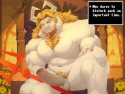 2025 2_horns anthro asgore_dreemurr balls barazoku beard big_pecs blonde_beard blonde_eyebrows blonde_facial_hair blonde_hair body_hair bovid caprine chair chest_hair dialogue dialogue_box english_description english_text erection eyebrows facial_hair foreskin freddyv7205172 front_view fur furniture genitals goat hair hand_on_leg hi_res horn humanoid_genitalia humanoid_penis male male_only mammal melee_weapon mouth_closed muscular muscular_anthro muscular_arms muscular_legs muscular_male nude nude_female nude_male on_chair one_eye_closed partially_retracted_foreskin pecs penis polearm pubes serious_face sitting sitting_on_chair sitting_on_throne solo text throne trident undertale undertale_(series) weapon white_body white_fur
