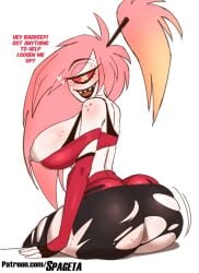 1girls ass ass_focus asshole back back_view bare_breasts bare_shoulders big_ass big_breasts big_butt breasts cherri_bomb clothed clothing color english_text female female_focus female_only hazbin_hotel hi_res large_breasts light-skinned_female light_skin long_hair nipples pink_hair red_eyes ripped_clothing solo solo_female spageta tagme text thick_thighs vivienne_medrano