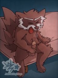 3:4 anthro bed bedroom breath brown_body brown_fur erection fluffy full-length_portrait fur furniture guardians_of_the_galaxy hi_res justwatchingthings male mammal marvel masturbation nude open_mouth panting portrait procyonid raccoon rocket_raccoon short_stack sitting solo tail