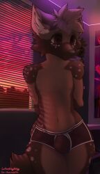 absurd_res anthro belly brown_body brown_fur bulge canid canine choco chocowaffls clothing cozy dormitory femboy fluffy fluffy_tail fox fur hi_res lutheshinything male mammal navel shy small_waist solo sunset tail underwear