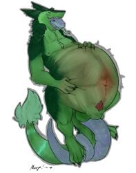 all_the_way_through anthro balls claws close_to_bursting duo feral fur genitals green_body green_fur head_in_mouth hi_res implied_popping kal-meris_(lofinebulae) lofinebulae long_tail male male/male maven_(tox-eye-ceazy) penetration penis penis_tip prism_basilisk red_body red_skin saggy_balls sergal sharp_teeth tail teeth tight_belly vore