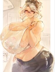 1girls areolae areolae_visible_through_clothing big_breasts black_pants blush breasts eyewear female female_only glasses hair headwear heart heart hearts_around_head huge_breasts labiata_prototype_(last_origin) large_breasts larribee last_origin maid_headdress mature mature_female mature_woman milf nipples nipples_visible_through_clothing pants red_eyes smile solo solo_female tank_top topwear white_hair white_tank_top