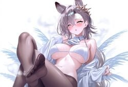 1girls 2025 animal_ears arknights big_breasts bikini blush brown_hair feet feet_up female hi_res kemonomimi light-skinned_female light_skin long_hair looking_at_viewer momostima pantyhose penance_(arknights) shirt_open simple_background solo sweaty wolf_ears wolf_girl yellow_eyes