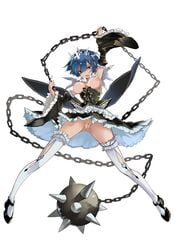 areolae armpits ball_and_chain blue_eyes blue_hair breasts breasts_out chains detached_sleeves dress female flail frilled_dress frilled_sleeves frills garter_belt hair_ornament hair_ribbon hairclip highres horn large_breasts maid nipples oni_horns open_mouth outstretched_arms pussy re:zero_kara_hajimeru_isekai_seikatsu rem_(re:zero) short_hair simple_background solo spread_legs thighhighs uncensored weapon white_legwear