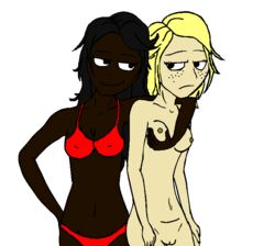 bikini black_hair blonde_hair breast_grab breasts clean color colored dark-skinned_female drawn female female_only interracial nipples nude pussy shaved_pussy yuri