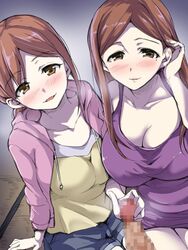 2girls arm_support asymmetrical_docking blush breast_press breasts brown_eyes brown_hair censored character_request cleavage collarbone dress hair_flip handjob heavy_breathing jacket large_breasts long_hair mayoiga mole mole_under_eye mosaic_censoring multiple_girls nose_blush open_clothes open_jacket parted_lips penis pink_jacket purple_dress shirt short_dress shorts siblings sidelocks sisters sitting smile tachibana_omina yellow_shirt