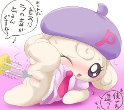 anthro blush clothing cute dress female hat heart insert instrument lying mametchi musical_note one_eye_closed pianitchi purple_eyes simple_background suvaru sweat sweatdrop tamagotchi text translation_request tuning_fork